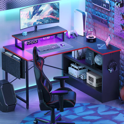 Bestier Small L Shaped Gaming Desk with LED Lights, 42 Inch Computer Desk with Monitor Stand, Open Storage Cabinet & Side Storage Bag, Corner Desk with Hooks for Bedroom Home Office