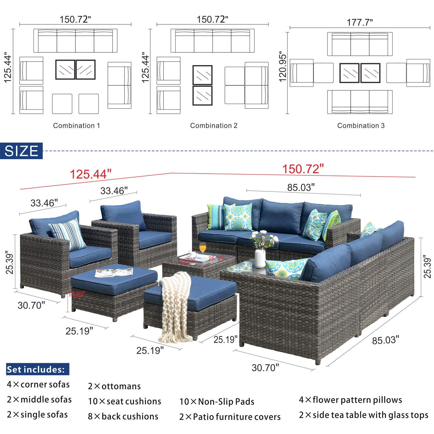 ovios Patio Furniture Set 12 Pieces Outdoor Conversation Set All Weather Wicker Rattan Sectional Sofa Sets with Thick Cushions Fully Assembled Furniture, Big Size, Grey Wicker, Denim Blue - WoodArtSupply