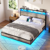 Full Size Floating Bed Frame with LED Headboard, Storage & Charging Station in Rustic Grey AMERLIFE