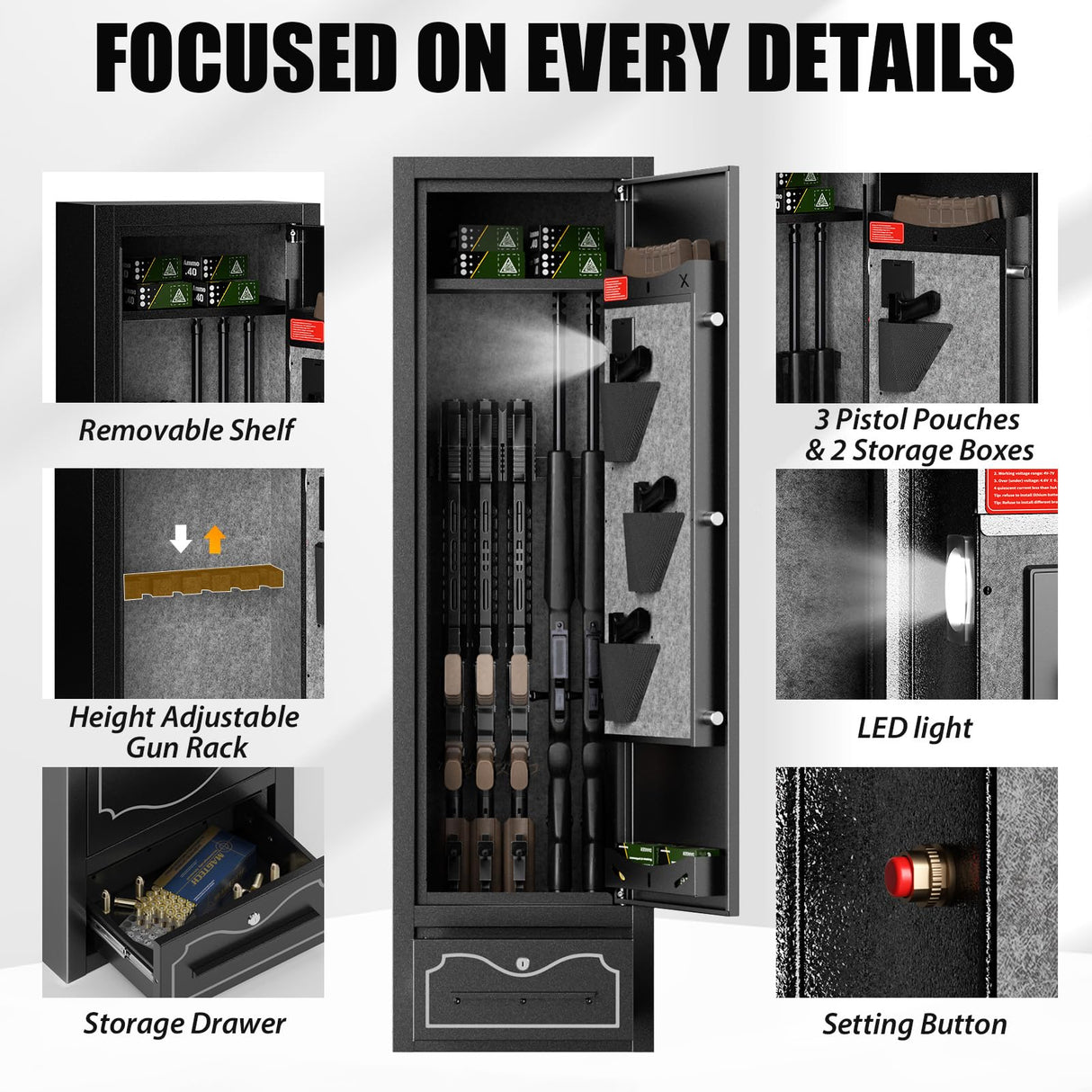 Zevemomo Gun Safes, 8 Gun Cabinet Rifle Safe for Home, Quick & Easy Access Gun Safe for Rifles and Pistols with LED Light & Drawer, Electronic Lock Zevemomo