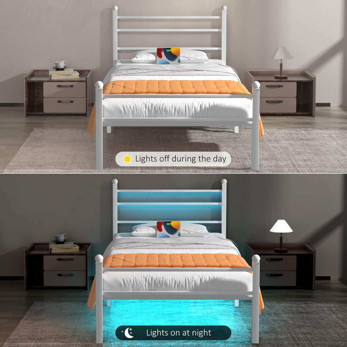 J.Fkne Twin Bed Frame with LED Lights & Charging Station, Metal Platform Bed with Headboard, Heavy Duty Metal Slats, No Box Spring Needed, Noise Free, Easy Assembly, White J.Fkne