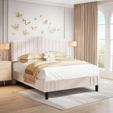 VECELO Full Size Upholstered Platform Bed Frame with Adjustable Teddy Fabric Headboard, Strong Wood Slats, 7.9" Under-Bed Storage, Noise-Free, No Box Spring Needed - Beige VECELO