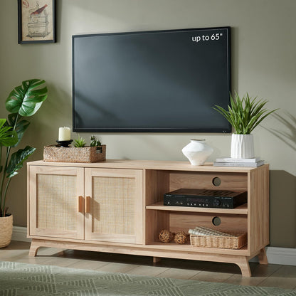 Okvnbjk TV Consoles for Living Room, Mid Century Modern TV Stand for 65 Inch TV, Rattan Entertainment Center, Media Console with Natural Rattan Doors & Adjustable Shelf, Boho TV Stand for Bed - WoodArtSupply