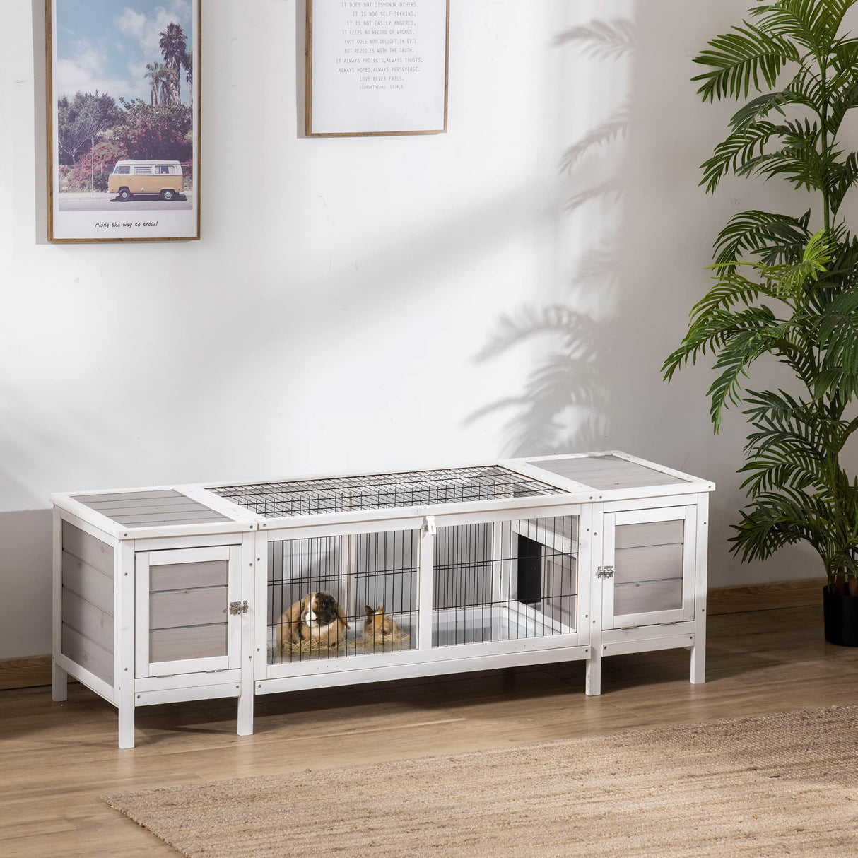 PawHut Rabbit Hutch, Bunny Cage, Guinea Pig House with Pull-Out Tray, and Divided Board for Indoor, White PawHut