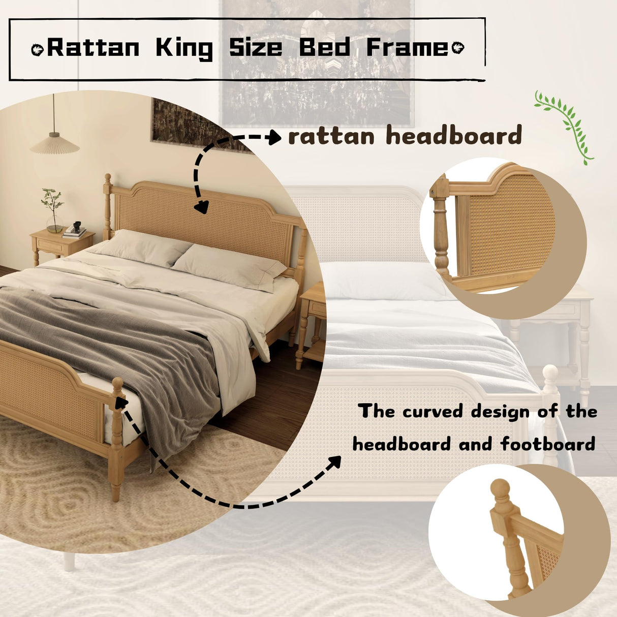 SOFTSEA Framhouse King Size Platform Bed with Rattan Headboard and Footboard, Traditional Bed Frame with Storage for Teens Adults, Antique Walnut SOFTSEA