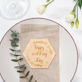 Personalized Wedding Coaster Rustic Decor - Wedding Favors Couple Gifts Wooden Save The Date Monogram Custom Cup Mug - Coasters Ceremony Invitations with Calendar (Hexagon) Enjoy The Wood
