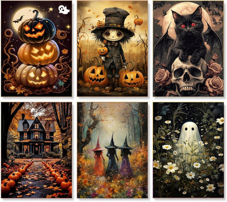 Gemozaic 6 Pack Paint by Numbers Kit for Adults Halloween- Adult Paint by Number Kits on Canvas, Halloween DIY Oil Painting by Numbers for Gift Home Wall Decor 12x16 Inch Gemozaic