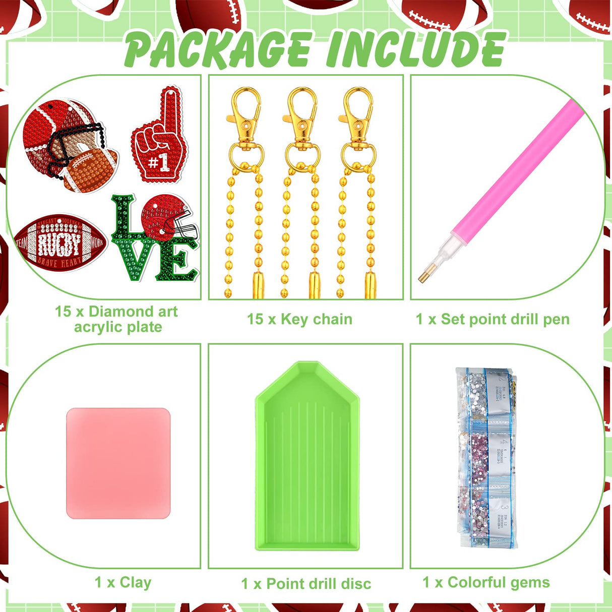 Yinkin 15 Pcs Football Diamond Art Keychains 5d Diamond Painting Keychain Football Party Decoration DIY Ornaments Pendant Kits for Adult Yinkin