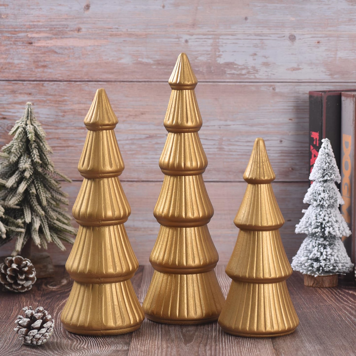 Wooden Christmas Tree, Set of 3 Tabletop Tree Figurine Wood Desk Centerpieces Table Tree Decoration Festive Ornament for Accents Xmas Mantel Shelf Home Decor Holiday Party Indoor Outdoor (Gold)