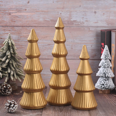 Wooden Christmas Tree, Set of 3 Tabletop Tree Figurine Wood Desk Centerpieces Table Tree Decoration Festive Ornament for Accents Xmas Mantel Shelf Home Decor Holiday Party Indoor Outdoor (Gold) IDATOO