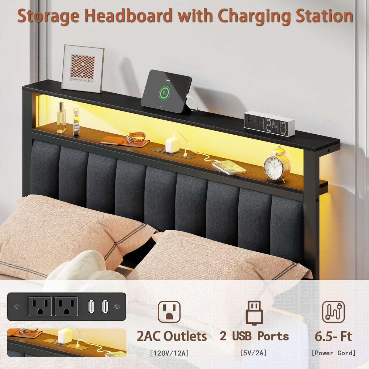 Furnulem Full Size Bed Frame with Charging Station and LED Lights, Platform Bed with Metal Slats, Grey Upholstered Headboard with 2-Tier Storage Shelves, No Box Spring Needed Furnulem