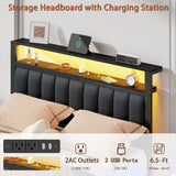 Furnulem Full Size Bed Frame with Charging Station and LED Lights, Platform Bed with Metal Slats, Grey Upholstered Headboard with 2-Tier Storage Shelves, No Box Spring Needed Furnulem