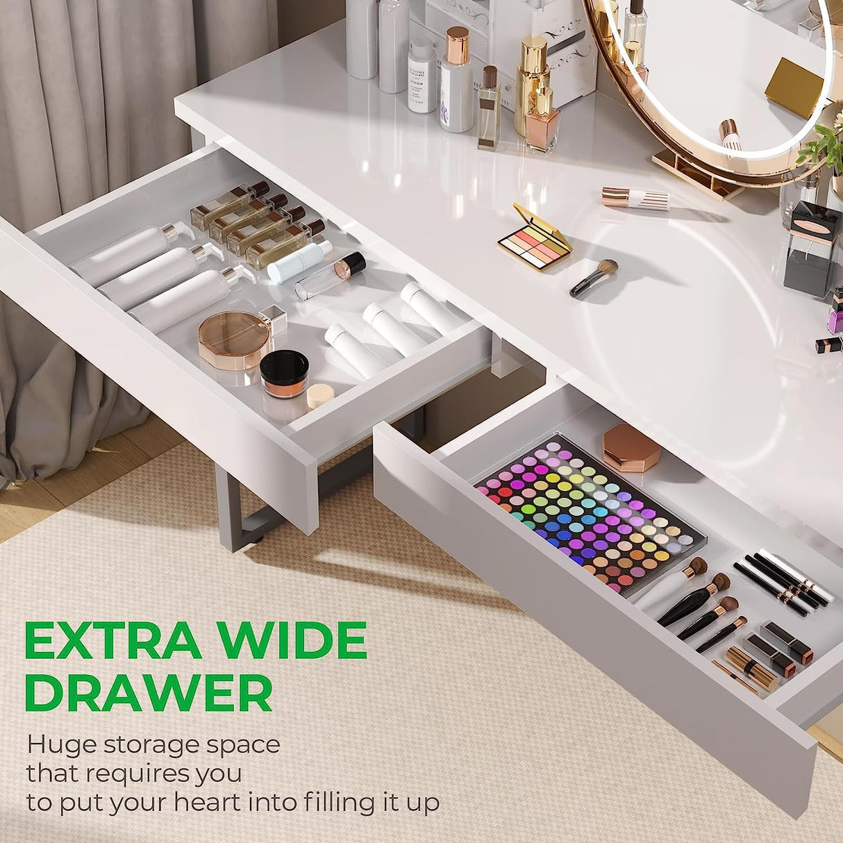 GreenForest Vanity Desk with 2 Drawers Glossy White 39 inch Modern Home Office Computer Desk Makeup Dressing Console Table with Metal Silver Legs for Small Spaces,Silver GreenForest