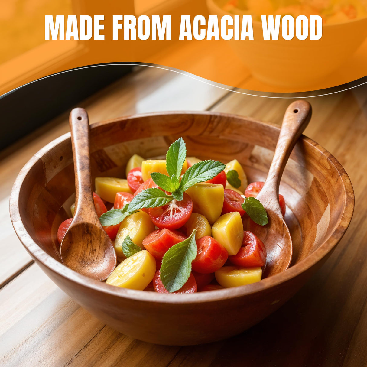 Acacia Wooden Salad Bowl with 2 Serving Spoons – Large Wood Fruit Bowl, Perfect for Salad, Popcorn, and Pasta, Ideal Housewarming Gifts for New Home, Rustic Wooden Serving Bowl Set Shalinindia