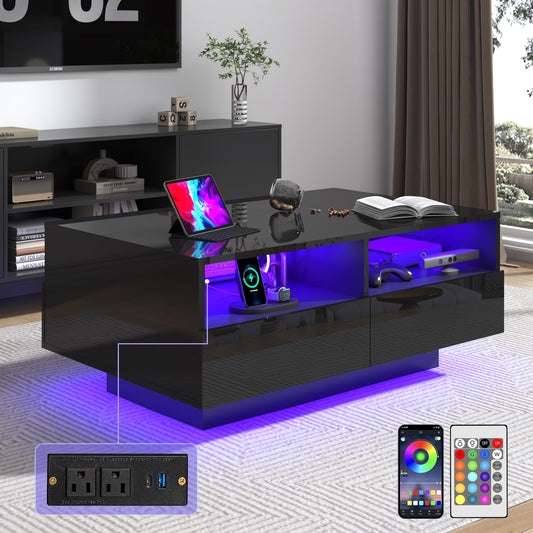 St.Mandyu LED Coffee Table with Storage Drawers,Modern High Glossy Center Table with 20 Colors LED Lights for Living Room (Black) - WoodArtSupply