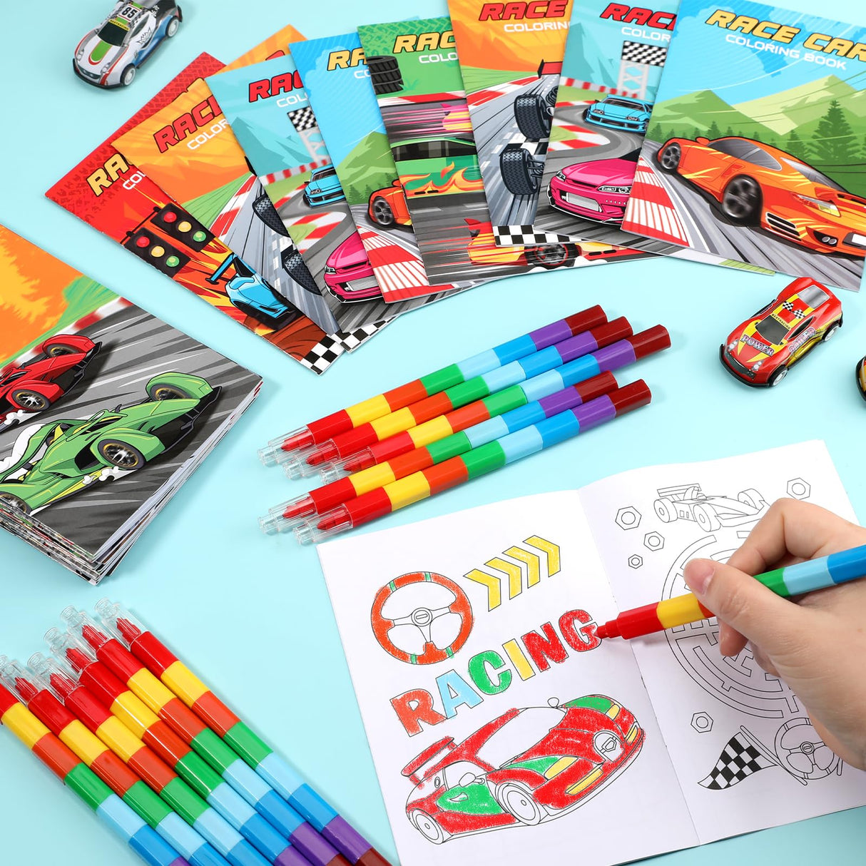 BenLouis 24 Race Car Mini Coloring Books Kids with 24 Stacking Crayons Racing Theme Party Favors Activity Books Bulk for Kids Fast Racecar Wheel Birthday Goodie Bag Gift Stuffer Classroom Reward BenLouis
