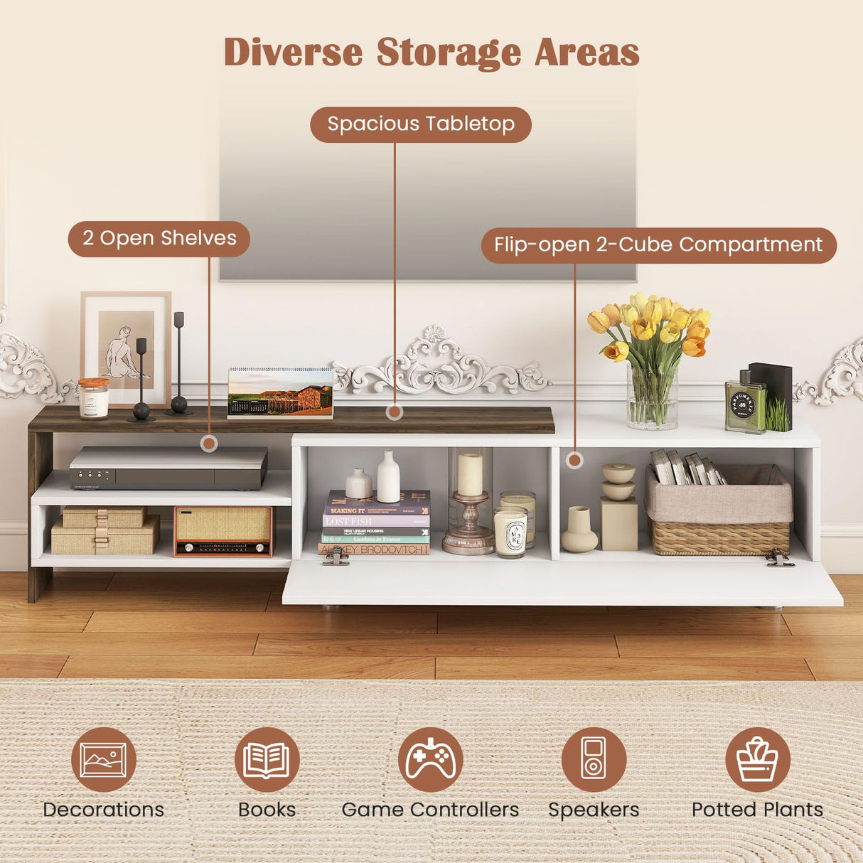 Tangkula White TV Stand with 2 Wall Shelves, Modern Entertainment Center for TVs up to 80 Inches, TV Cabinet with 2 Storage Compartments and Cabinet, Media Console Table for Living Room, Study (White) Tangkula