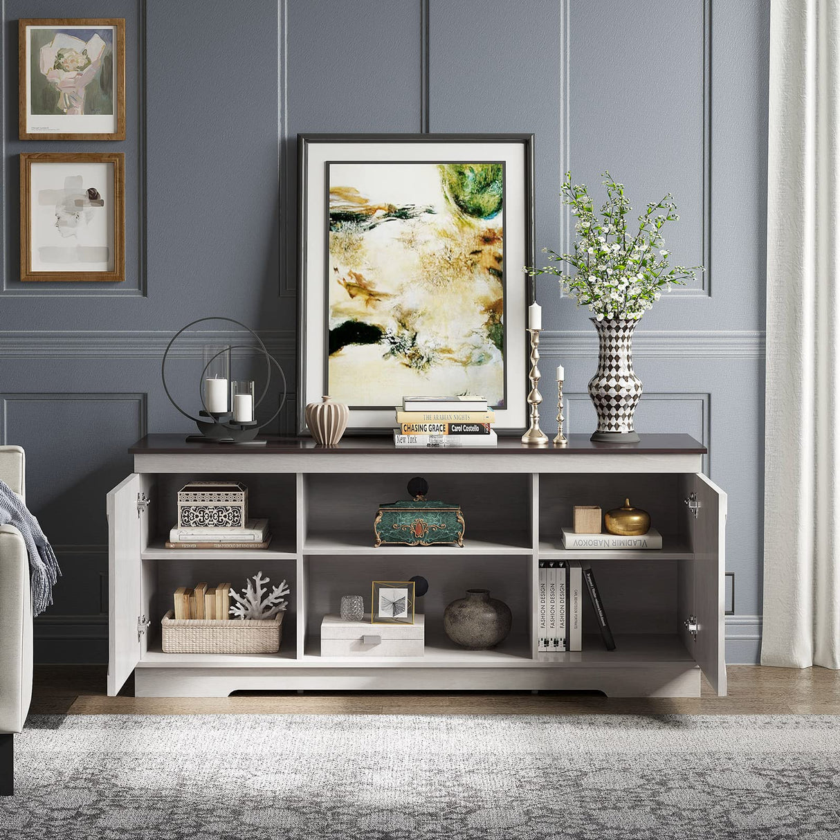 YITAHOME TV Stands for TV up to 65 Inch, Farmhouse Entertainment Center with Double Barn Doors & Storage Cabinets, Rustic TV Cabinet Media Console Table for Living Room, 59 Inches, Grey White/Espresso YITAHOME