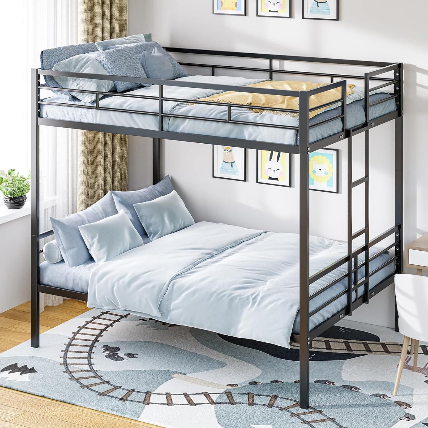 UOCFYK Queen Over Queen Bunk Bed, Heavy Duty Bunk Bedframe with Convertible 2 Beds & Ladder & Safety Rails for Condominiums, Dorm, Bedroom, Space Saving Design, No Box Spring Needed, Black