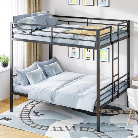 UOCFYK Queen Over Queen Bunk Bed, Heavy Duty Bunk Bedframe with Convertible 2 Beds & Ladder & Safety Rails for Condominiums, Dorm, Bedroom, Space Saving Design, No Box Spring Needed, Black UOCFYK