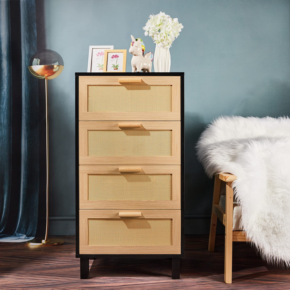 Graficial 4 Drawer Dresser, Dresser for Bedroom, Rattan Chest of Drawers, Tall Bedside Storage Dresser for Bedroom,Living Room, Black/Oak Graficial