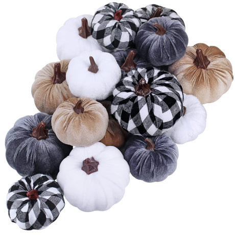 16 Pcs Assorted Faux Small Decorative Fabric Pumpkins - Foam, Grey, Taupe, White Velvet, Black & White Buffalo Check for Farmhouse Fall Halloween Thanksgiving Mantel Table Decor Winlyn