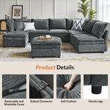 HULALA HOME 127'' Modular Sectional Sofa, Oversized U Shaped Couch with Storage Ottoman, Extra Deep Seat, Modern Comfy Chenille Sofa with Chaise, 6 Seat Convertible Couches for Living Room, Grey HULALA HOME