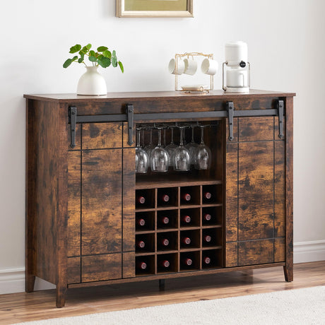 coucheta Wine Bar Cabinet,47" Farmhouse Coffee Bar Cabinet with Sliding Barn Door, Buffet Sideboard Cabinet with 16 Bottle Wine Rack for Dining, Living Room Dining Kitchen, Rustic Brown coucheta