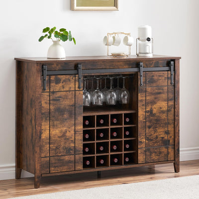 Garvee 47 in Wine Bar Cabinet Modern Liquor Whiskey Coffee Station with 16 Wine Rack and Glass Holder, Farmhouse Buffet Sideboard with Sliding Barn Door Storage for Living Dining Room, Rustic Brown
