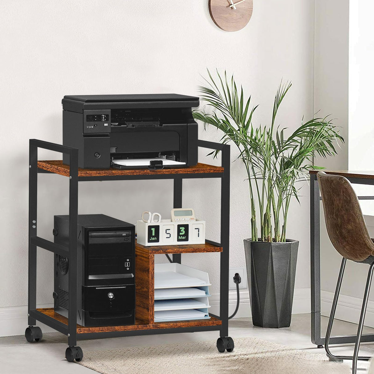 Lerliuo Printer Stand with Charging Station and USB Ports, Large 3-Tier Mobile Printer Table with Storage Shelf, Brown Rolling Industrial Printer Cart with Lockable Wheels for Home Office Lerliuo