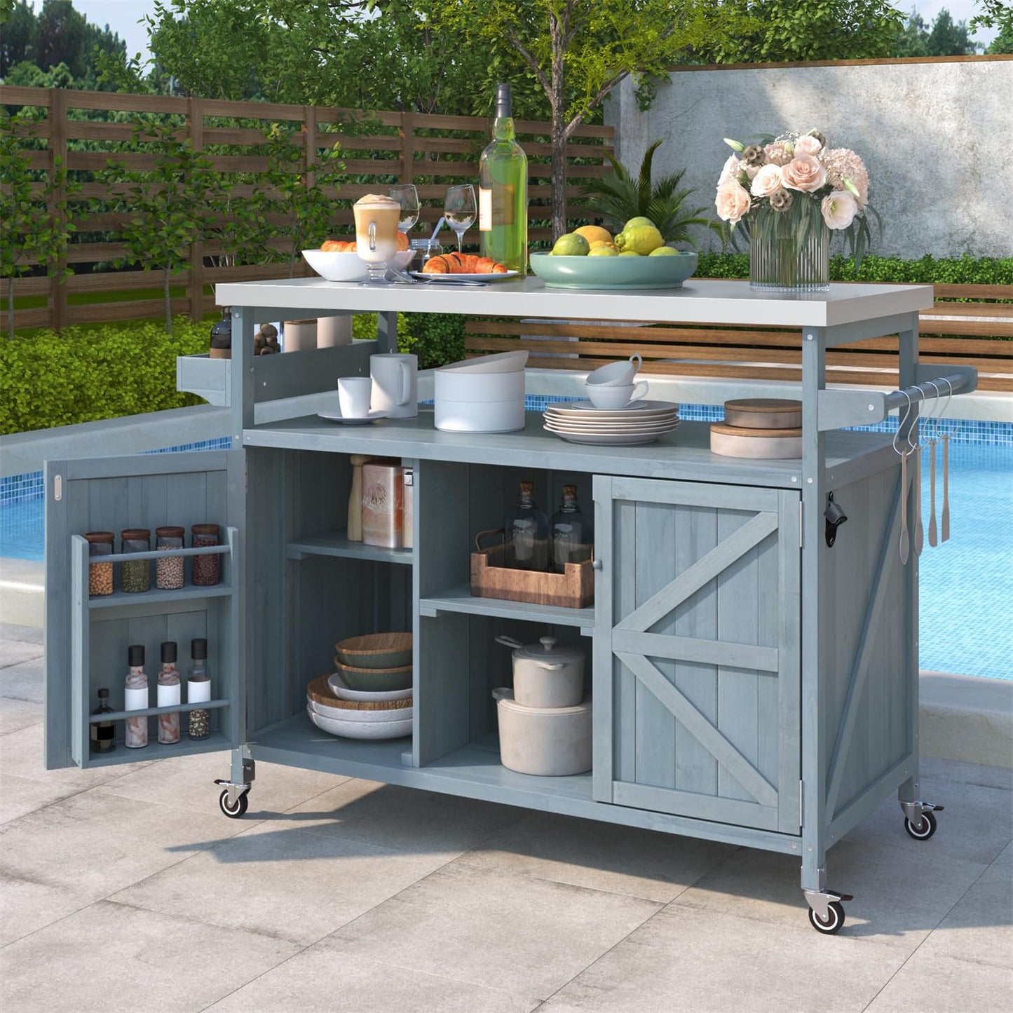 Linique Outdoor Kitchen Island, Rolling Bar Cart with Storage Cabinet, Farmhouse Solid Wood Outdoor Grill Table with Stainless Steel Top, Spice Rack, Towel Rack for Yard, Patio, Grey Blue