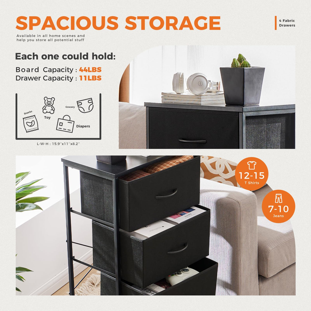 Sweetcrispy Dresser for Bedroom with 4 Drawers, Storage Drawers, Skinny Fabric Storage Tower, Tower Organizer Unit, Chest of Drawers with Wooden Top for Closet, Living Room, Entryway Sweetcrispy