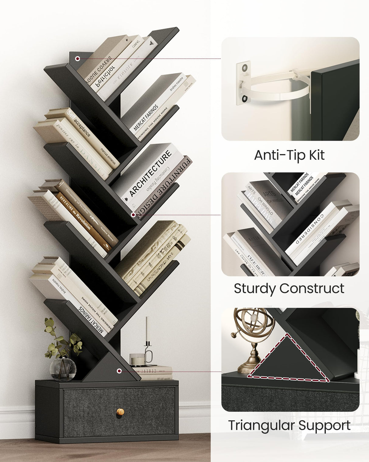 Yzosvki 9 Tier Tree Book Shelf with Drawer, Floor Standing Bookshelf Storage Organizer Bookshelves for Books/CDs, 9 Shelf Narrow Bookcase for Sturdy Room, Bedroom, Living Room, Black Yzosvki