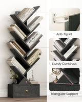 Yzosvki 9 Tier Tree Book Shelf with Drawer, Floor Standing Bookshelf Storage Organizer Bookshelves for Books/CDs, 9 Shelf Narrow Bookcase for Sturdy Room, Bedroom, Living Room, Black Yzosvki