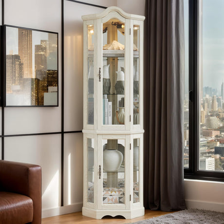 Eyisean Lighted Corner Curio Cabinet 70.5" Tall Wooden China Cabinet with Tempered Glass Doors, Freestanding Glass Display Case Wine Cabinet Storage Rack for Bar and Liquor Storage (White) Eyisean