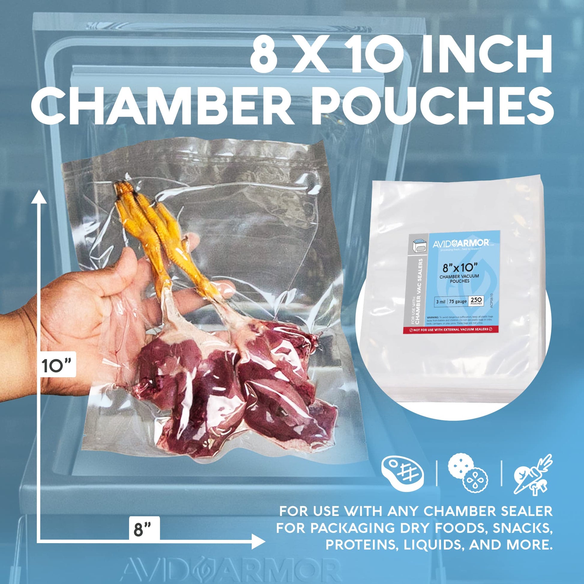 Avid Armor – Chamber Machine Pouches, Pre-Cut Chamber Vacuum Sealer Bags, Heavy Duty Seal Pouch, BPA-Free Chamber Sealer, Vacuum Chamber Pouches (250, 8x10) - WoodArtSupply