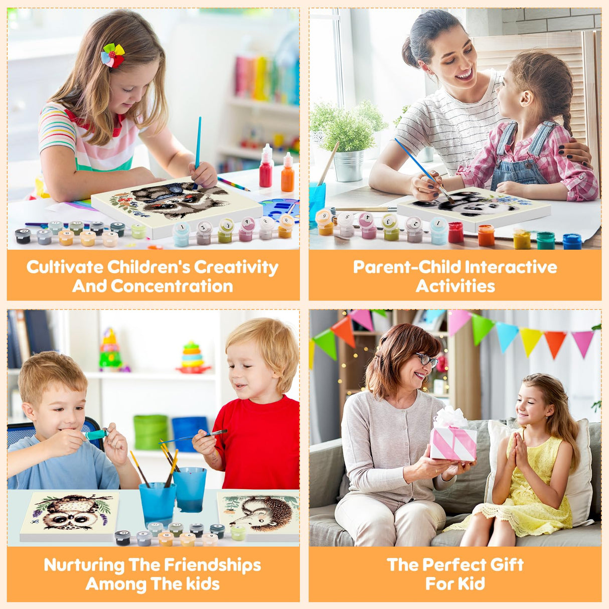 4 Pack Paint by Numbers Kits for Kids with Wooden Frame-Cartoon Animal Painting by Numbers for Kids Adults Beginners, Easy Paint by Numbers Kit Crafts for Kid Paint by Number for Wall Decor(8X8inch) Genius maker
