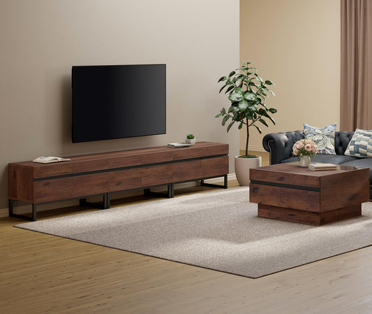 WAMPAT Modern TV Stand and Coffee Table Set of 2, Storage Entertainment Center for TVs Up to 110 inch, Square Center Table with Tempered Glass and Storage Drawers for Living Room, Brown