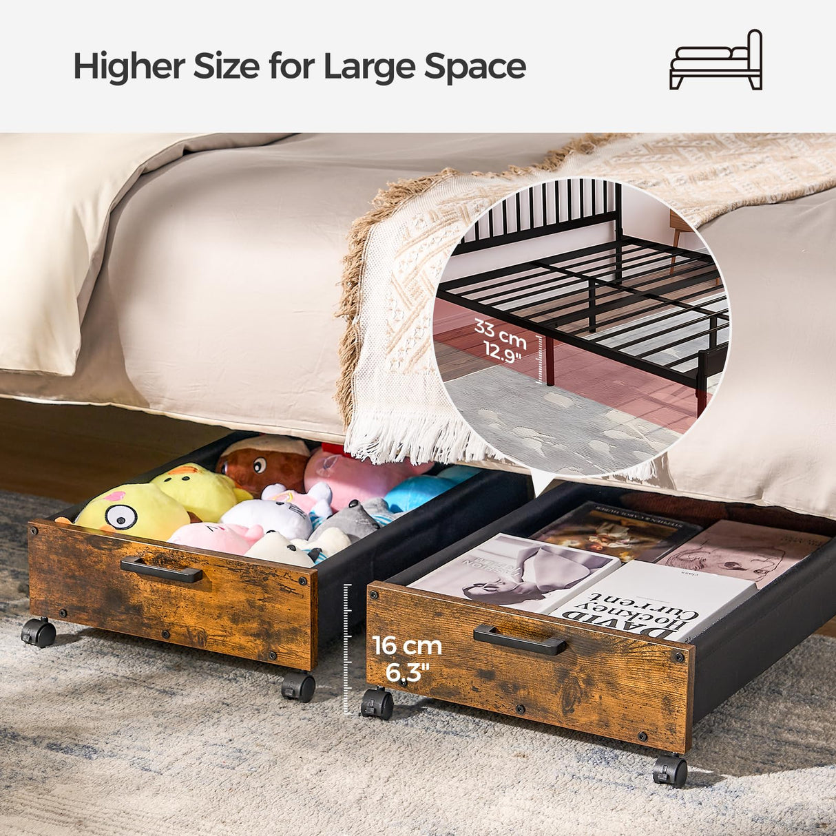 FOUCSSOMEI Under Bed Storage with Wheels, Heavy Duty Storage Containers, Toy Box, Longer Size 31.5", Wooden Under Bed Organizer Drawers, Metal Frame, for Clothes Books Blankets, Patented Design FOUCSSOMEI