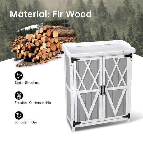 Outdoor Potting Bench with Metal Work Top,Waterproof Garden Storage Cabinet, Wooden Garden Work Bench with Adjustablev Shelves & Double Doors for Backyard, Patio, Lawn Gardening,White Grey PeacefulHues