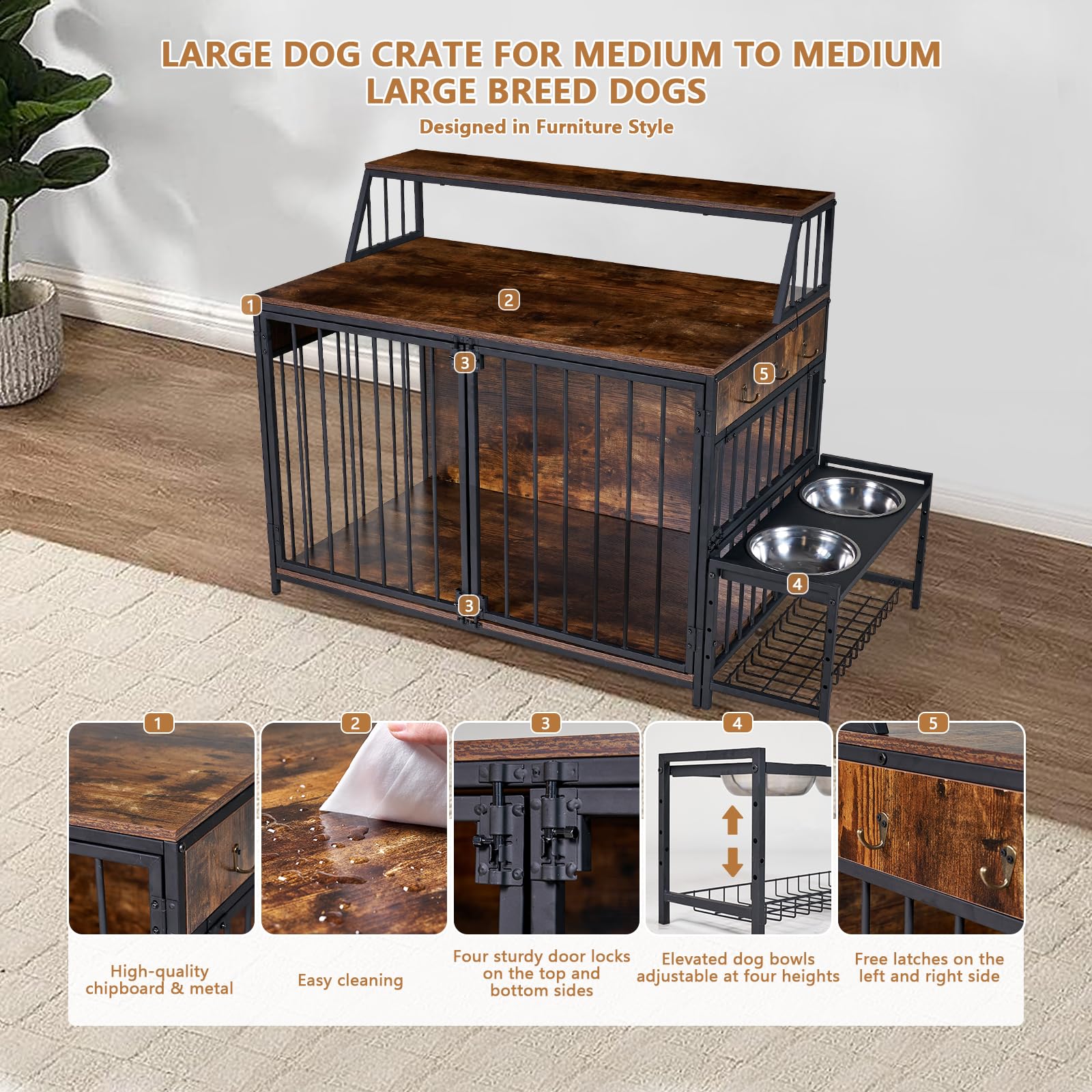 LitaiL Large Dog Crate Furniture with Elevated Dog Bowls, 39 Inch Wooden Dog Kennel with 3 Doors & 2-Layer Storage Shelves, Anti-Chew Heavy Duty Dog Cage for Dogs up to 70lb, Rustic Brown - WoodArtSupply