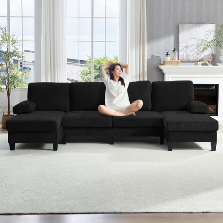 ijuicy 110" U Shaped Couch with Double Chaises, Sectional Couches for Living Room with Sleepable Armrest, 4 Seater Sofa Set/Sectional Sofa, Living Room Furniture (Chenille, Black) ijuicy