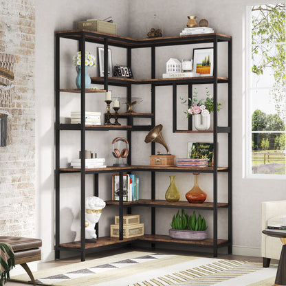 Tribesigns Rustic Brown 6-Tier Corner Bookshelf with Metal Frame - WoodArtSupply