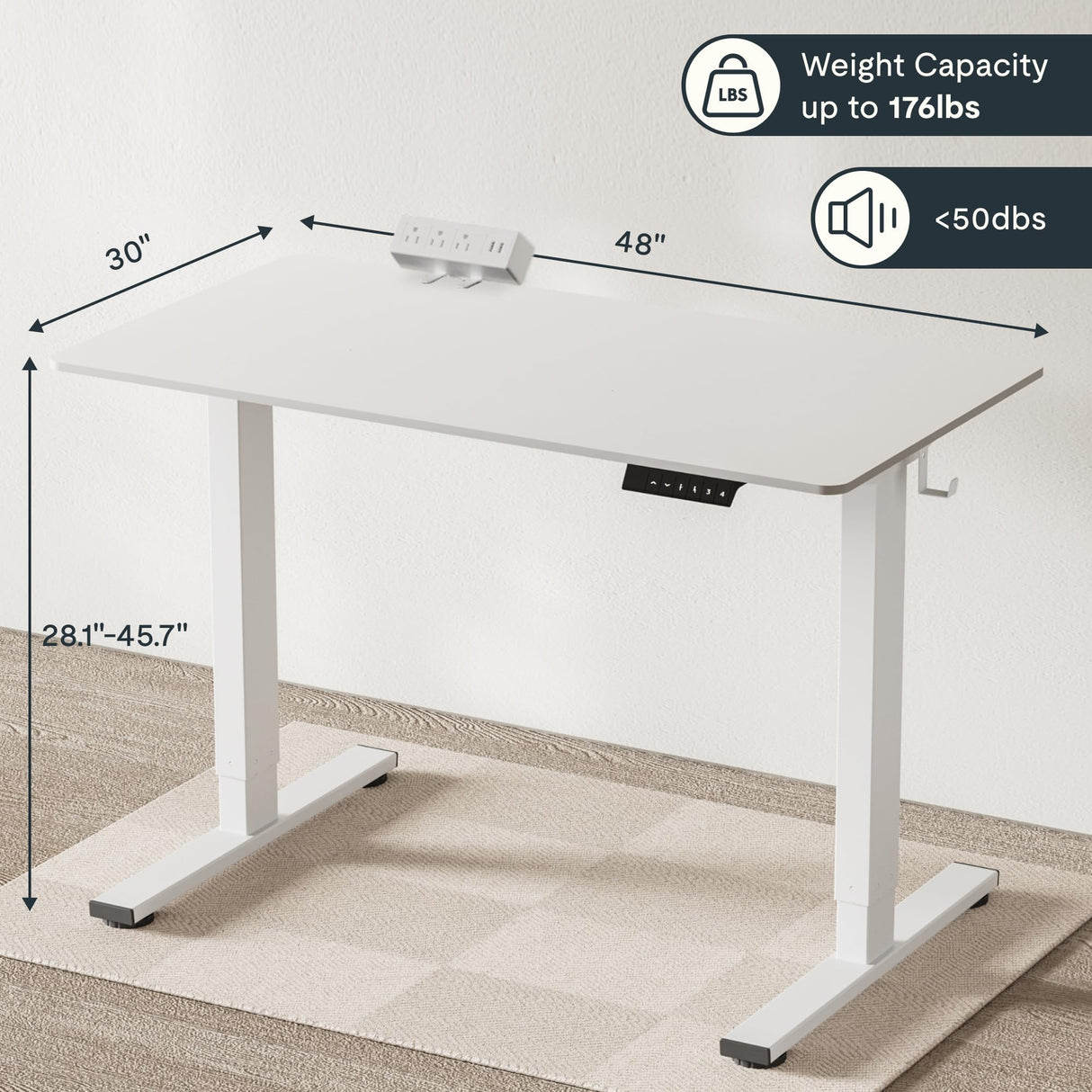 FLEXISPOT EN2 Electric White Stand Up Desk 48 x 30'' Whole-Piece Desktop Adjustable Height Standing Desk with Desk Clamp Power Strip, Cable Management (White Frame + 48" White Desktop, 2 Packages) FLEXISPOT