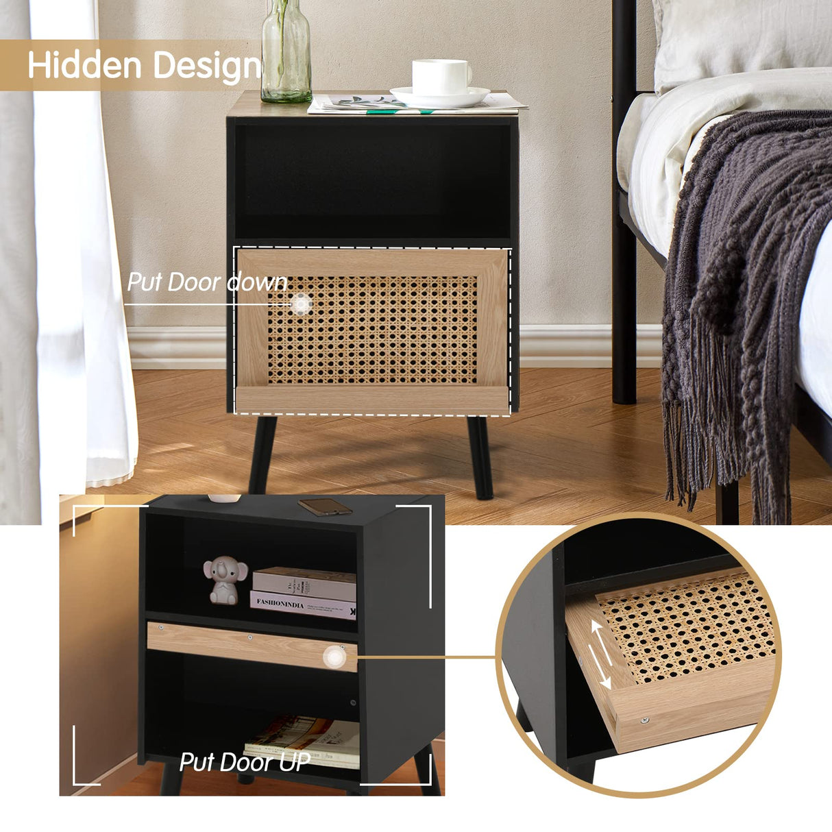 Anbuy Rattan Nightstand Set of 2, Wooden End Side Table, Bedside Table with Open Storage Shelve and Door, Night Stands for Bedroom Living Room 2-Pack Anbuy
