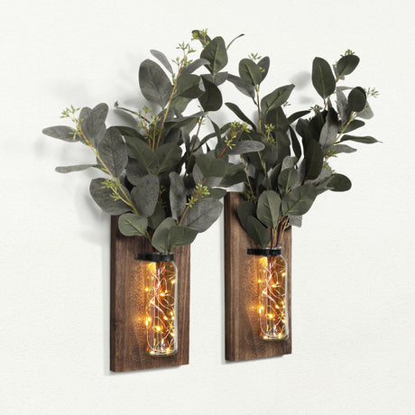 Heiple 2 Pack Wood Farmhouse Decor Sconces, Wall Planters for Indoor Plants, Wood Glass Wall Decor for Bathroom, Farmhouse Wall Hanging Glass Wall Vase Sconces (Brown) Heiple