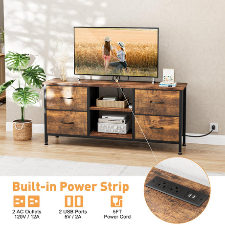 YaFiti TV Stand Dresser for Bedroom, Entertainment Center with Power Outlet for 50" TV, Dressers with 4 Fabric Drawers & Open Shelves for Living Room, Bedroom, Entryway, Rustic Brown YaFiti