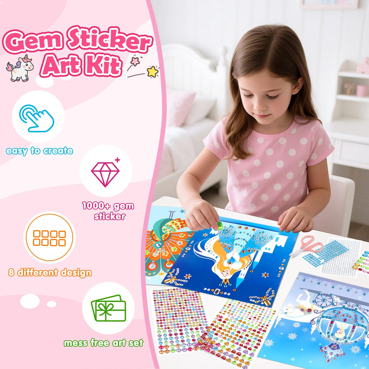 Gem Art Sticker Kit, Arts and Crafts for Kids Age 4-12, 8 Unicorn Princess Themes Diamond Art Kit, Gemstone Sticker Crafts Christmas Birthday Gifts for Girls Ages 4,5,6,7,8 Year Old (Unicorn) Fortand