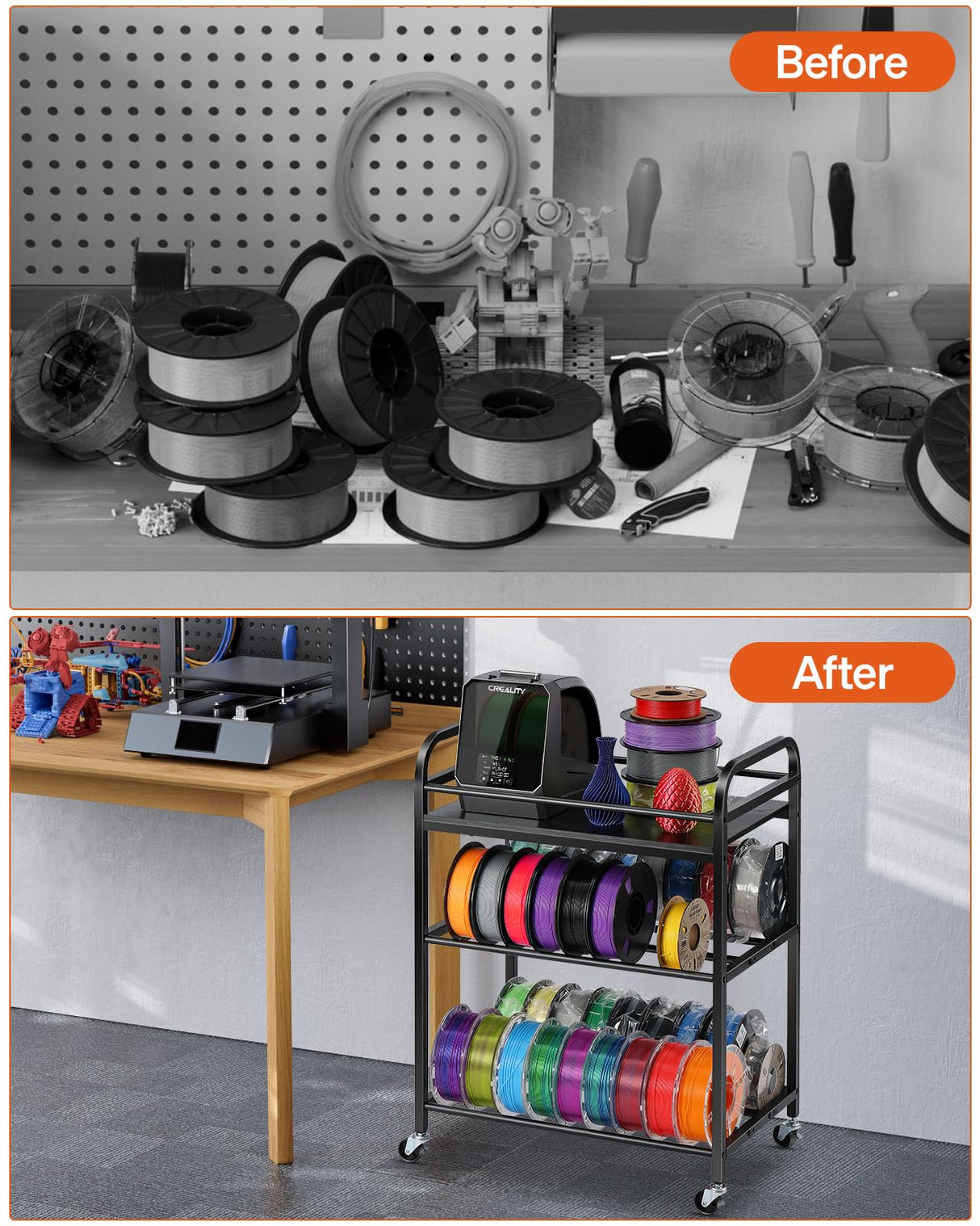 3D Printer Filament Storage Rack- Rolling Filament Spool Holders Racks with Wheels, Heavy Duty Metal Shelf for PLA/ABS/TPU/Nylon, Filaments Organzied for 3D Printing Studio, Office Workshop (Black) Rackgolfic