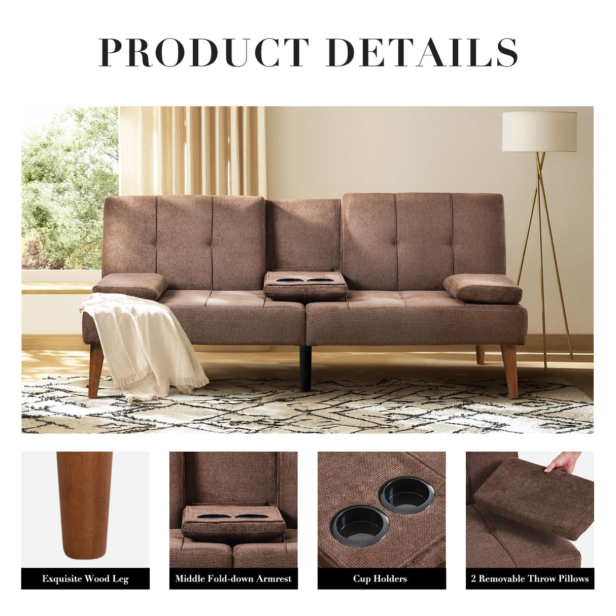 COLAMY Futon Sofa Bed-Fabric Small Couch, Convertible Sofa Bed with 2 Cup Holders, Removable Soft Armrest, Adjustable Backrest for Dorm/Bedroom/College COLAMY